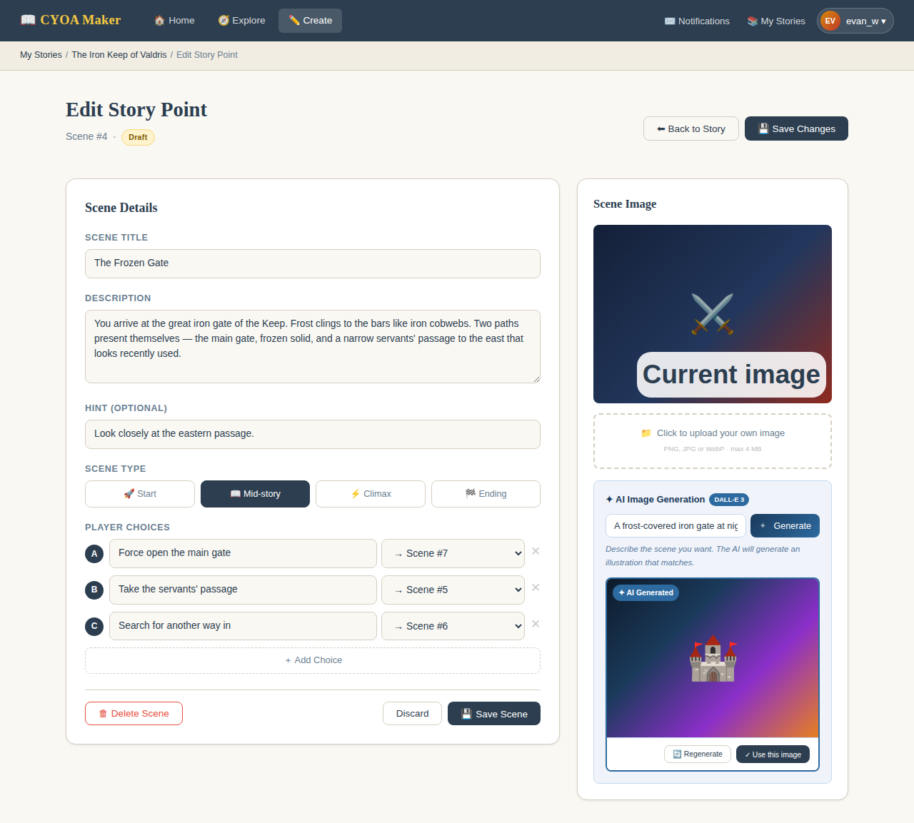 Mockup of the story point editor showing the scene form on the left and the AI image generation panel on the right, with a generated preview image ready to accept or regenerate