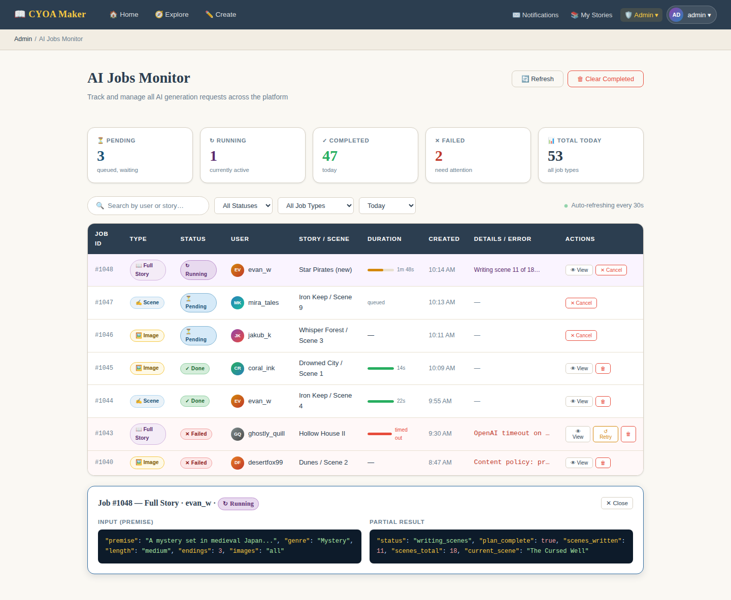 Mockup of the admin AI jobs monitor showing stat cards for pending, running, completed, and failed jobs, a filterable table of all recent jobs, and an expanded detail pane showing the input and partial result JSON for a running job